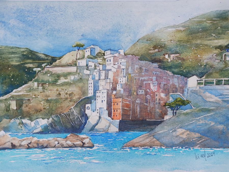 Cinque Terre, Riomaggiore, 2024, 45 x 32 cm, Ingrespapier