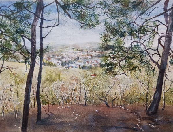 Blick auf Eichgraben,NÖ, 2025, 45 x 32 cm, Ingrespapier