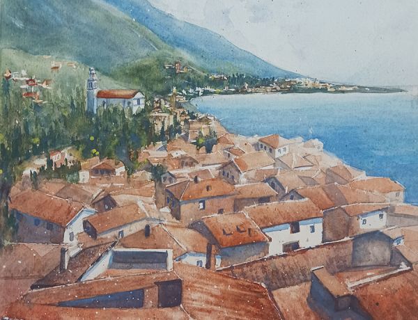Gardasee - Blick auf Malcesine, 2025, 32 x 45 cm, Ingrespapier