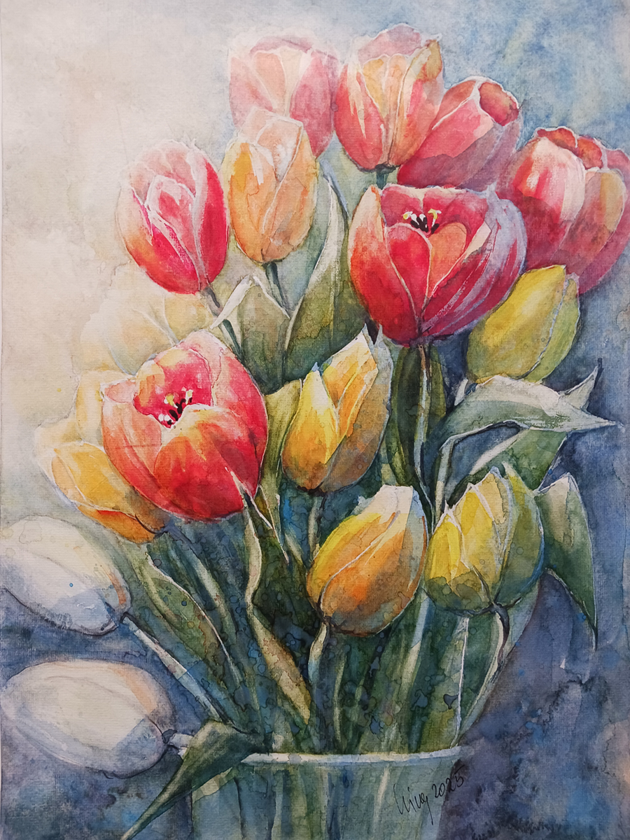 Tulpenstrauß, 2025, 32 x 45 cm, Ingrespapier