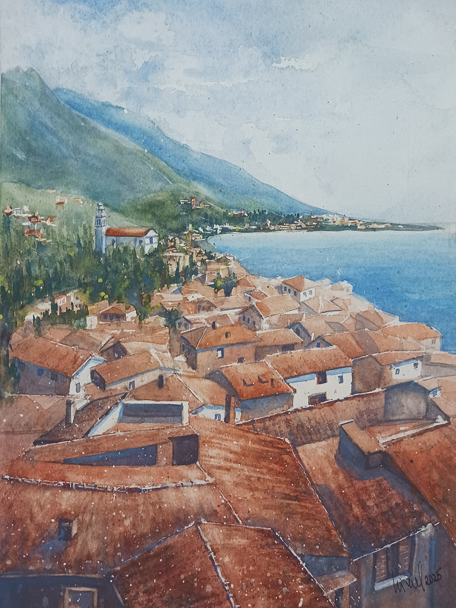 Gardasee - Blick auf Malcesine, 2025, 32 x 45 cm, Ingrespapier